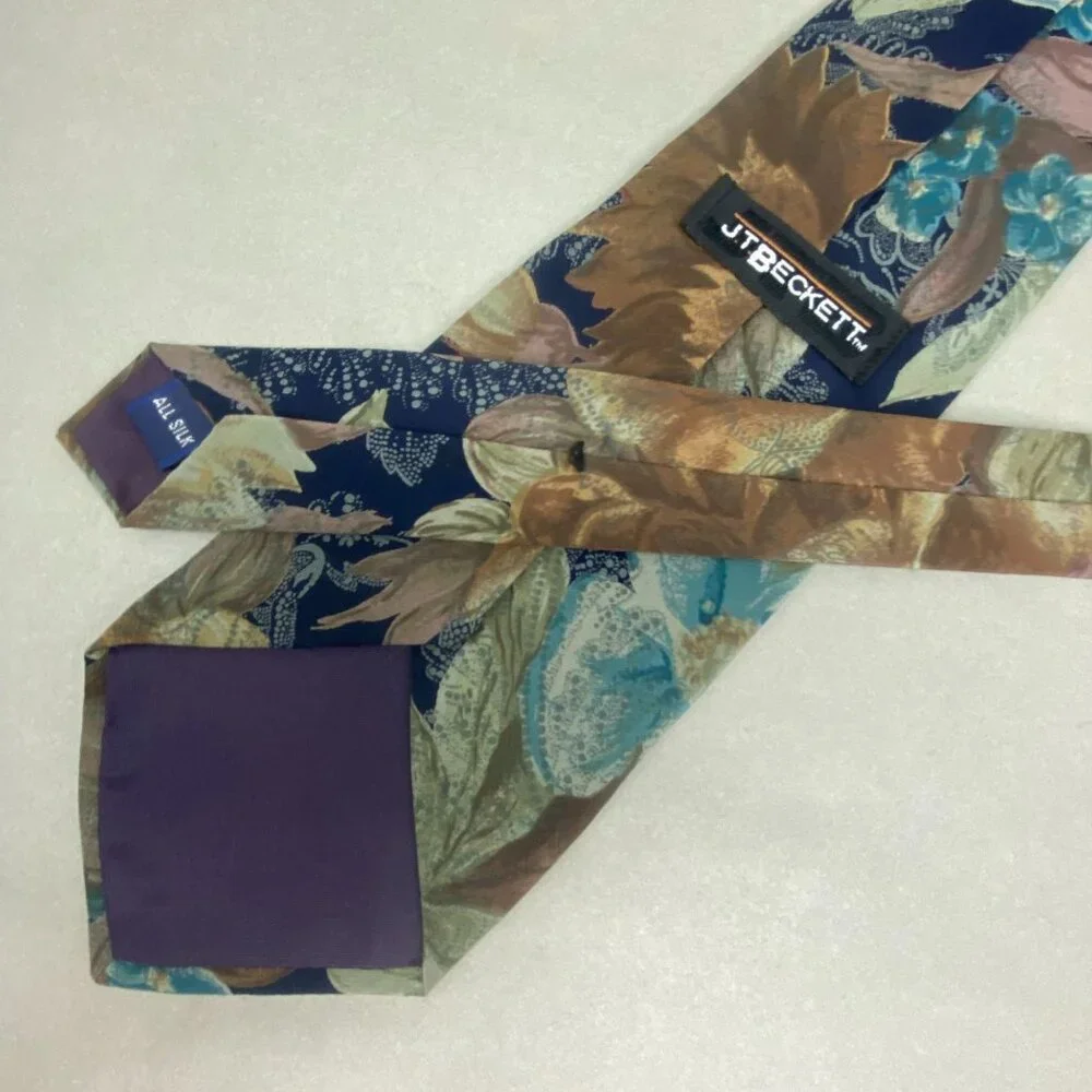 JT Beckett Silk Floral Tie Navy Blue With Green‎ & Brown Accents 59